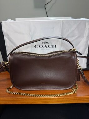 Waverly Coach Dark Brown Leather Crossbody with Gold Chain